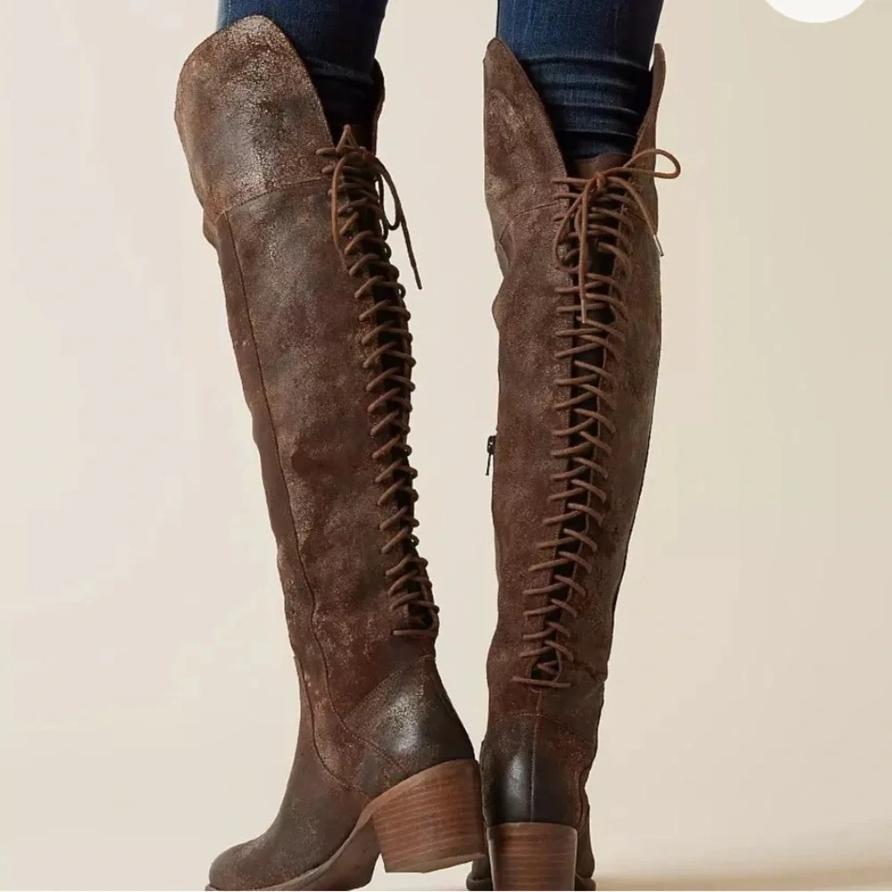 Diba True Sunset Sail Brown Leather Over the‎ Knee Distressed Boots Size 8.5